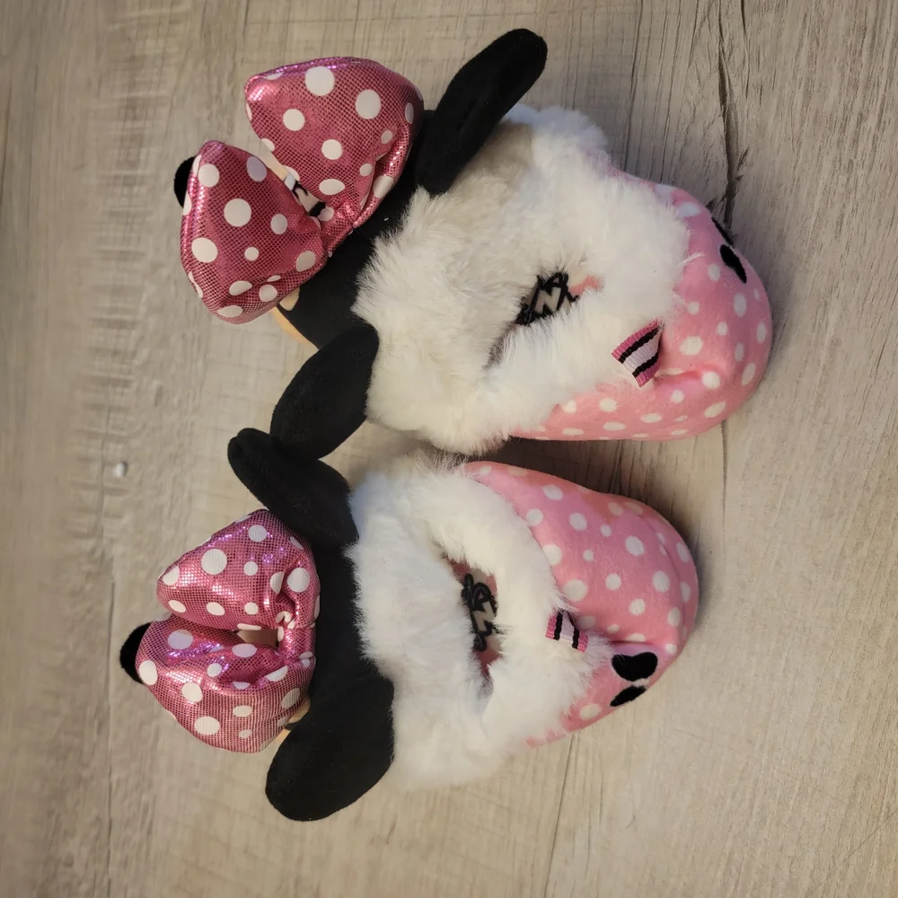Disney Pink Minnie Mouse Plush Slippers with Polka-Dot Bows